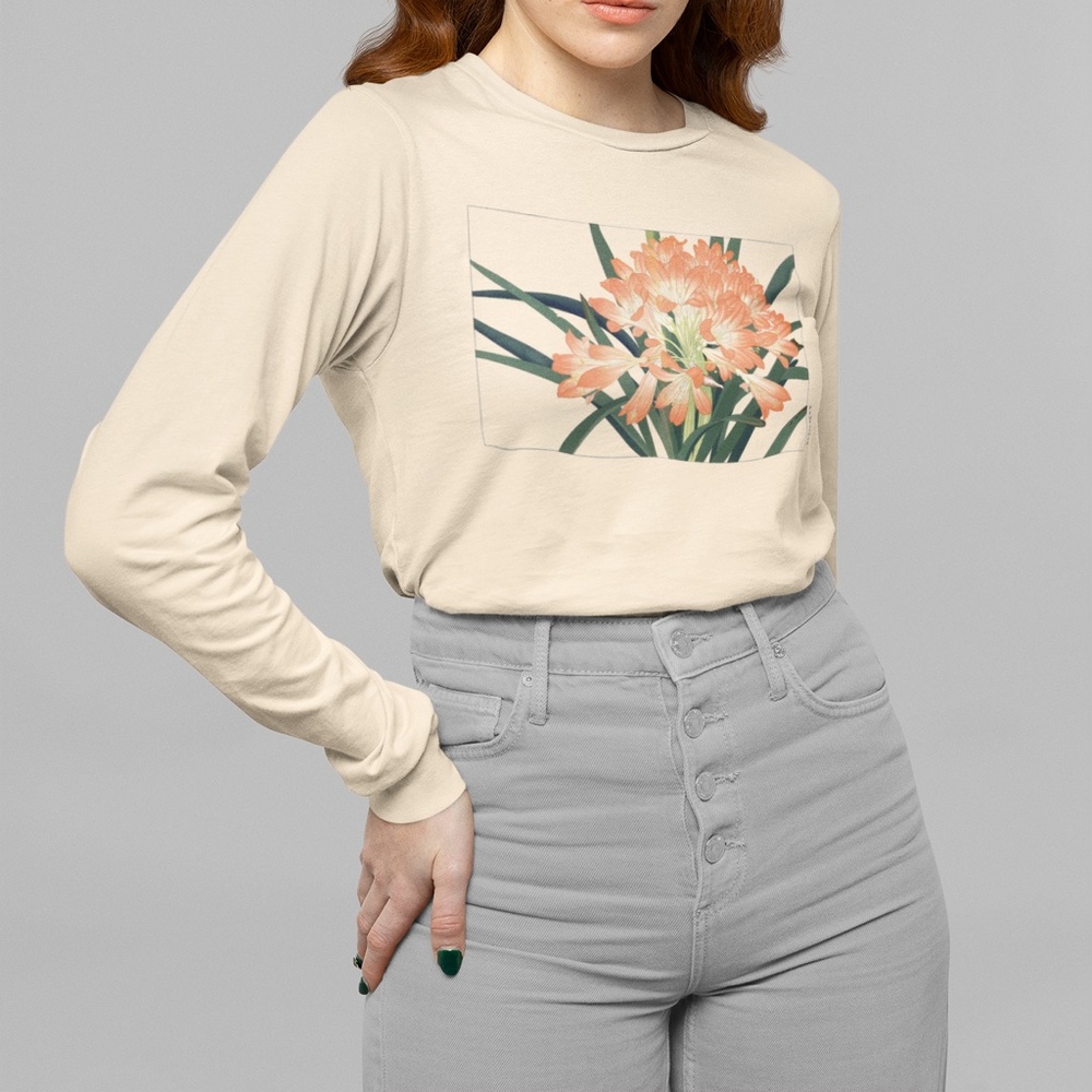 Japanese Clivia Miniata Flower Print Long Sleeve Graphic Tee T-shirt S M L XL